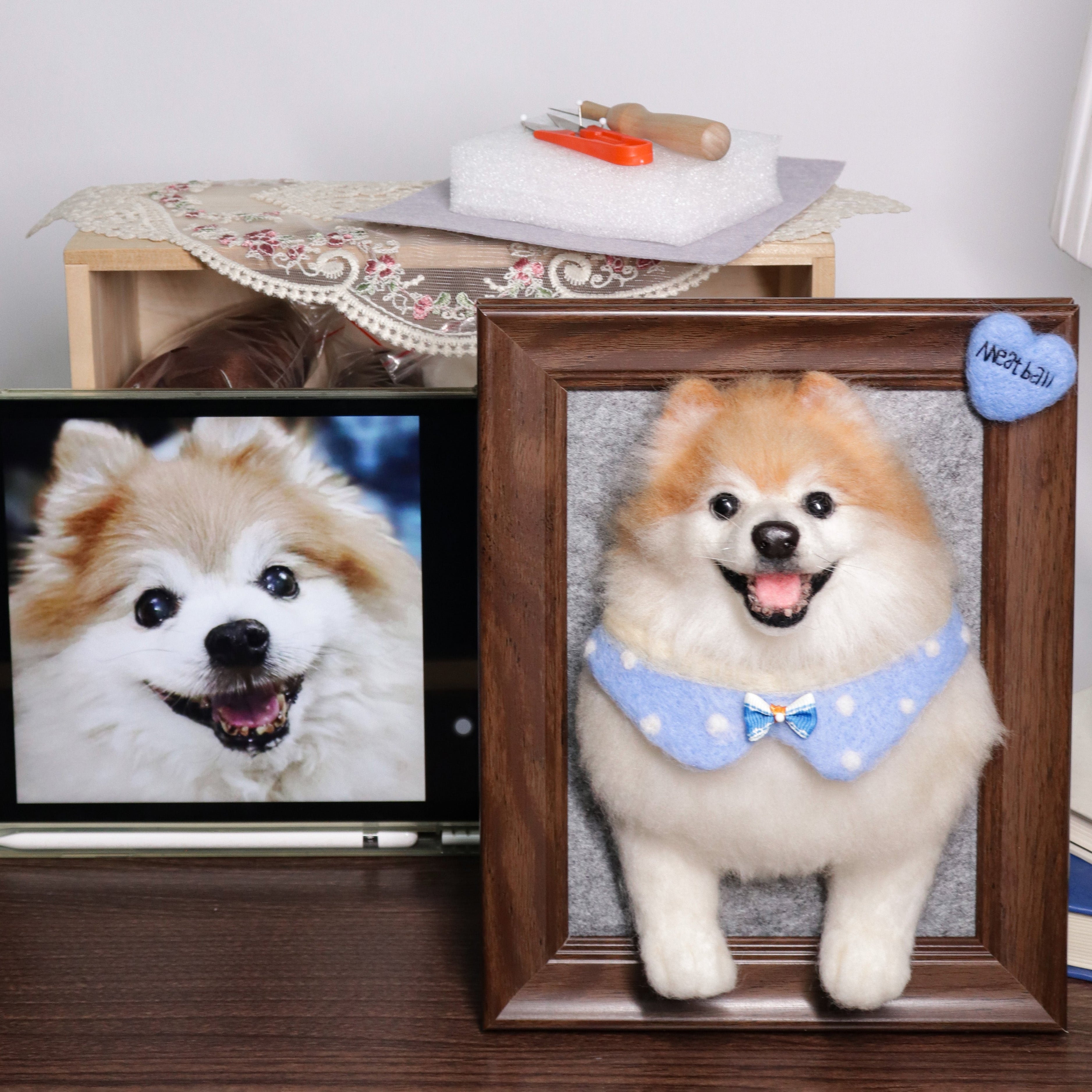 Custom Felt Pet Portrait Half Body with Paws In 8 Inches Wooden Frame Memorial Gift