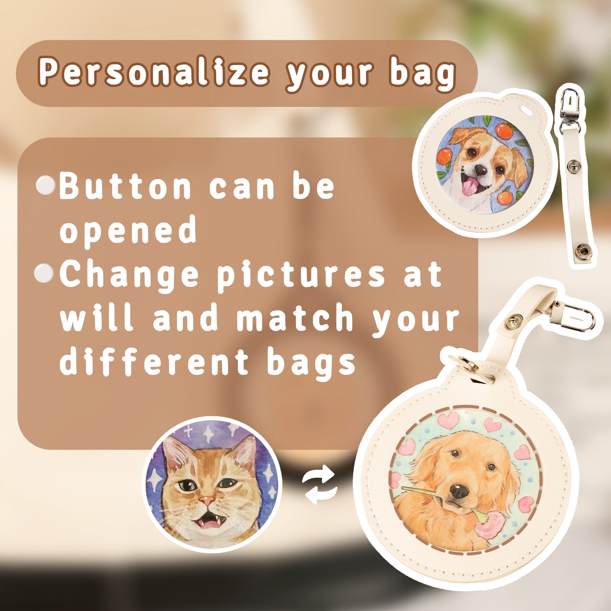 Custom Pet Portrait Bag Charm Pet Keychain Charm